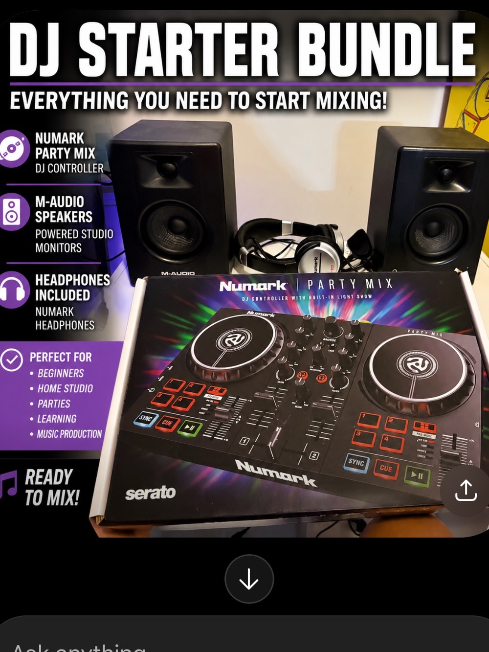 Numark DJ Starter Bundle – Party Mix Controller + M-Audio Monitors + Headphones